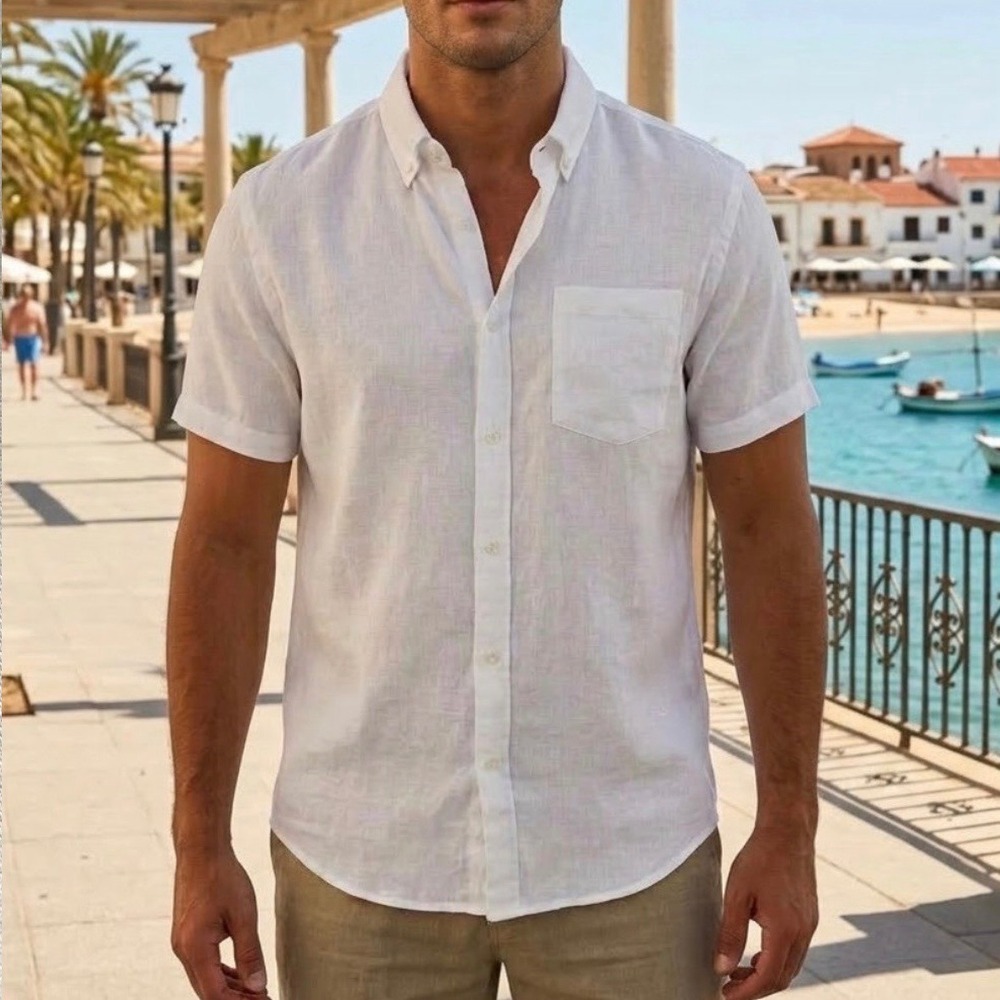 NWT Porter & Ash Men's Medium Luxe 100% Linen Short Sleeve Shirt Classic White